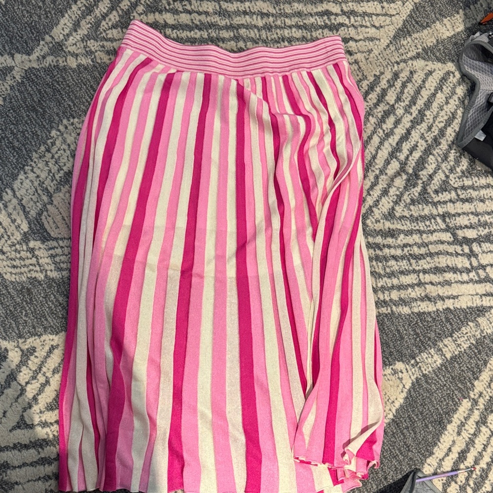 Express Pink and White Striped Midi Skirt
